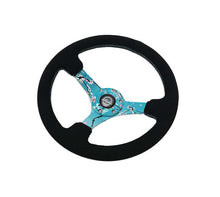画像をギャラリービューアに読み込む, NRG Reinforced Suede Steering Wheel (350mm / 3in. Deep) Hydro Dipped Blossom Floral w/ Teal Stitch