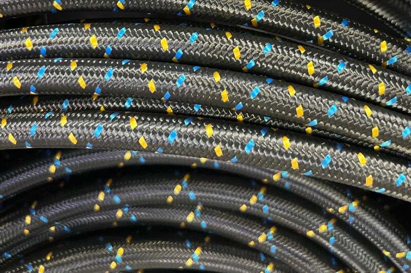 GReddy AN04 REUSABLE HOSE NYLON BRAIDED BLACK/GOLD/BLUE (PRICE PER FOOT)