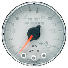画像をギャラリービューアに読み込む, Autometer Spek-Pro Gauge Fuel Press 2 1/16in 15psi Stepper Motor W/Peak &amp; Warn Slvr/Chrm