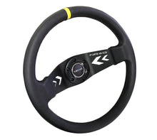 画像をギャラリービューアに読み込む, NRG Reinforced Steering Wheel (350mm / 3in Deep) Blk Leather w/NRG Arrow-Cut 2-Spoke &amp; Sgl Yellow CM