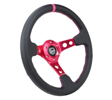画像をギャラリービューアに読み込む, NRG Reinforced Steering Wheel (350mm/3in. Deep) Black Leather/ Fushia Center Mark/ Fushia Stitching