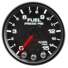 画像をギャラリービューアに読み込む, Autometer Spek-Pro Gauge Fuel Press 2 1/16in 15psi Stepper Motor W/Peak &amp; Warn Blk/Blk