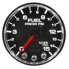 画像をギャラリービューアに読み込む, Autometer Spek-Pro Gauge Fuel Press 2 1/16in 15psi Stepper Motor W/Peak &amp; Warn Blk/Chrm