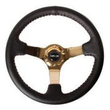 画像をギャラリービューアに読み込む, NRG Reinforced Steering Wheel (3in Deep / 4mm) 350mm Blk Leather w/Red BBall Stitch &amp; Gold Spoke