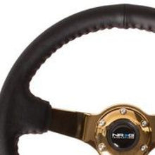 画像をギャラリービューアに読み込む, NRG Reinforced Steering Wheel (3in Deep / 4mm) 350mm Blk Leather w/Red BBall Stitch &amp; Gold Spoke