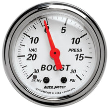 画像をギャラリービューアに読み込む, Autometer Arctic White 2-1/16in 30 in. Hg/20 PSI Full Sweep Mechanical Vacuum/Boost Pressure Gauge