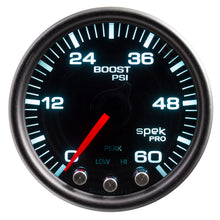 画像をギャラリービューアに読み込む, Autometer Spek-Pro Gauge Boost 2 1/16in 60psi Stepper Motor W/Peak &amp; Warn Blk/Smoke/Black