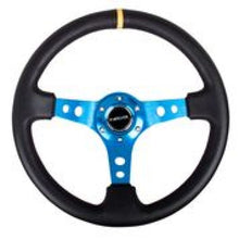 画像をギャラリービューアに読み込む, NRG Reinforced Steering Wheel (350mm / 3in. Deep) Blk Leather w/Blue Cutout Spoke &amp; Single Yellow CM