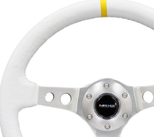 画像をギャラリービューアに読み込む, NRG Reinforced Steering Wheel (350mm / 3in. Deep) White Leather w/Silver Spoke &amp; Single Yellow Mark