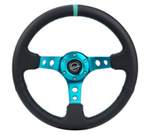 画像をギャラリービューアに読み込む, NRG Reinforce Steering Wheel (350mm / 3in. Deep) Blk Leather, Teal Center Mark w/ Teal Stitching