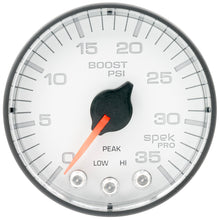 画像をギャラリービューアに読み込む, Autometer Spek-Pro 2 1/16in 35PSI Stepper Motor W/Peak &amp; Warn White/Black Boost Gauge