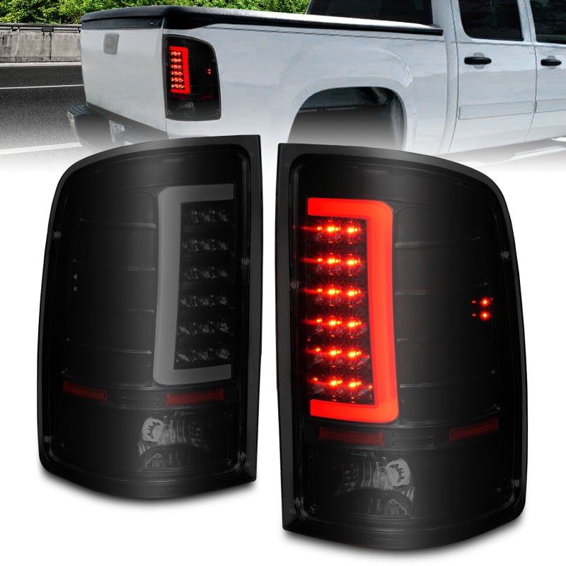 ANZO 2007 - 2013 GMC Sierra LED Tail Lights w/ Light Bar Black Housing Smoke Lens - R70オートパーツ【公式】
