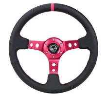 画像をギャラリービューアに読み込む, NRG Reinforced Steering Wheel (350mm/3in. Deep) Black Leather/ Fushia Center Mark/ Fushia Stitching
