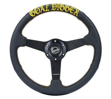 画像をギャラリービューアに読み込む, NRG Sport Steering Wheel (350mm / 1.5in Deep) Black Leather/Gold Stitch w/Matte Black Solid Spokes