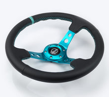 画像をギャラリービューアに読み込む, NRG Reinforce Steering Wheel (350mm / 3in. Deep) Blk Leather, Teal Center Mark w/ Teal Stitching
