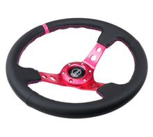 画像をギャラリービューアに読み込む, NRG Reinforced Steering Wheel (350mm/3in. Deep) Black Leather/ Fushia Center Mark/ Fushia Stitching