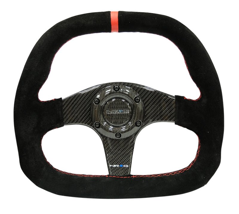 NRG Carbon Fiber Steering Wheel (320mm) Flat Btm. Blk Suede/Red Stitch w/CF Spokes & Red Center Mark - R70オートパーツ【公式】