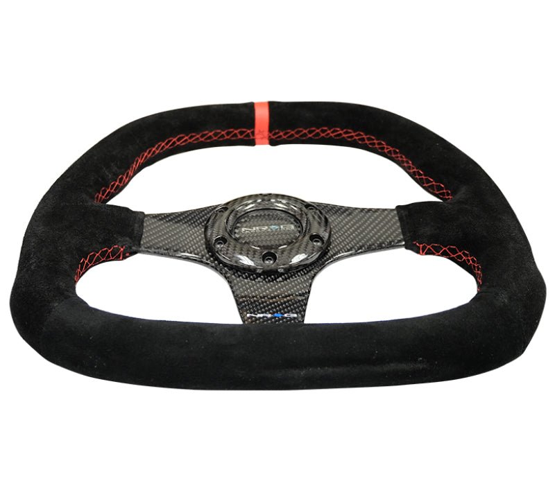 NRG Carbon Fiber Steering Wheel (320mm) Flat Btm. Blk Suede/Red Stitch w/CF Spokes & Red Center Mark - R70オートパーツ【公式】