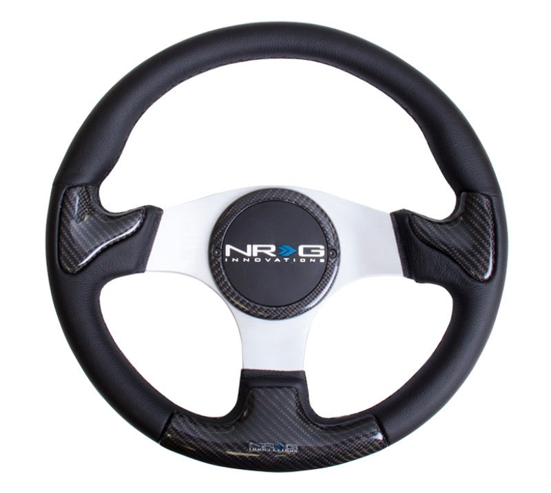 NRG Carbon Fiber Steering Wheel (350mm) Silver Frame Blk Stitching w/Rubber Cover Horn Button - R70オートパーツ【公式】