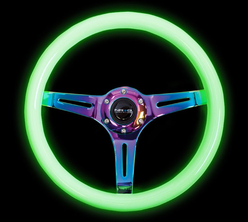 NRG Classic Wood Grain Steering Wheel (350mm) Glow - N - The - Dark Green Grip w/Neochrome 3 - Spoke Center - R70オートパーツ【公式】
