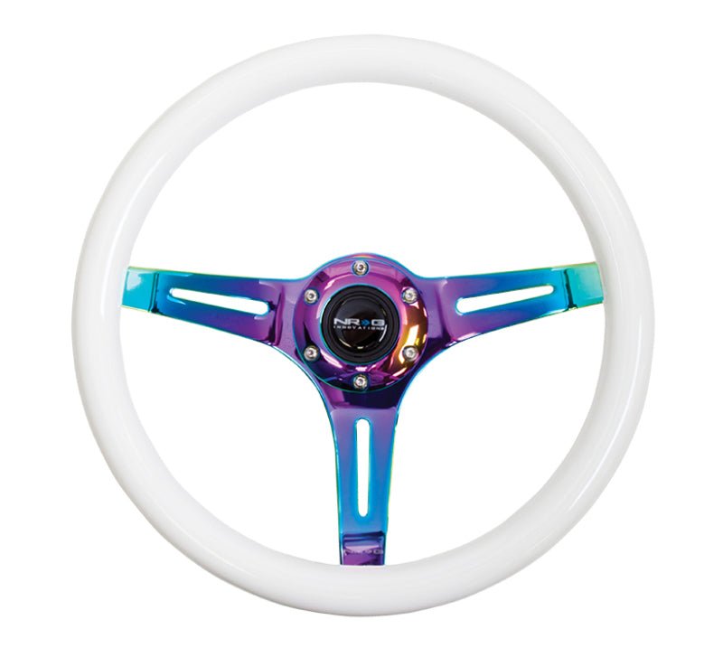 NRG Classic Wood Grain Steering Wheel (350mm) Glow - N - The - Dark Green Grip w/Neochrome 3 - Spoke Center - R70オートパーツ【公式】