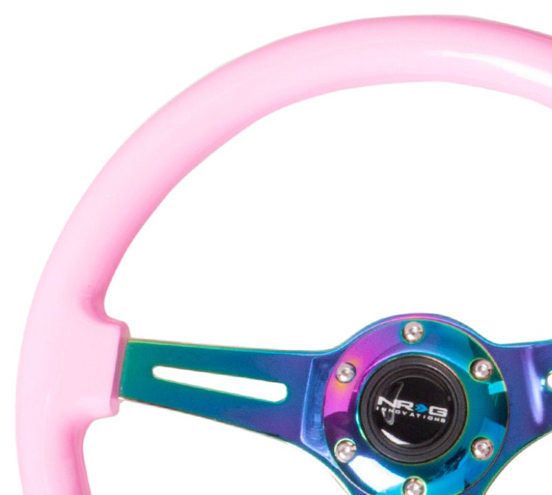 NRG Classic Wood Grain Steering Wheel (350mm) Solid Pink Painted Grip w/Neochrome 3 - Spoke Center - R70オートパーツ【公式】