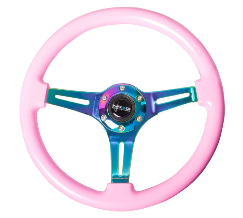 NRG Classic Wood Grain Steering Wheel (350mm) Solid Pink Painted Grip w/Neochrome 3 - Spoke Center - R70オートパーツ【公式】