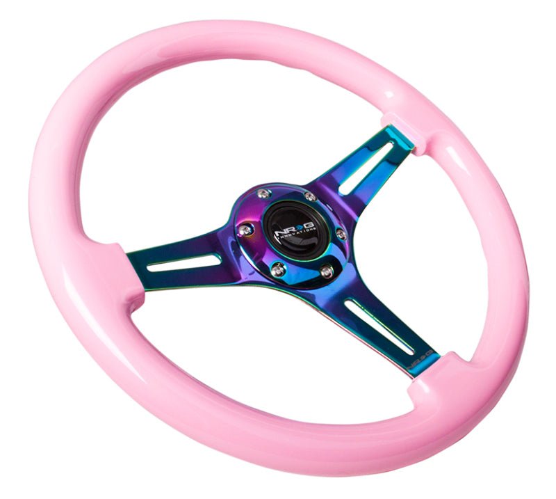 NRG Classic Wood Grain Steering Wheel (350mm) Solid Pink Painted Grip w/Neochrome 3 - Spoke Center - R70オートパーツ【公式】