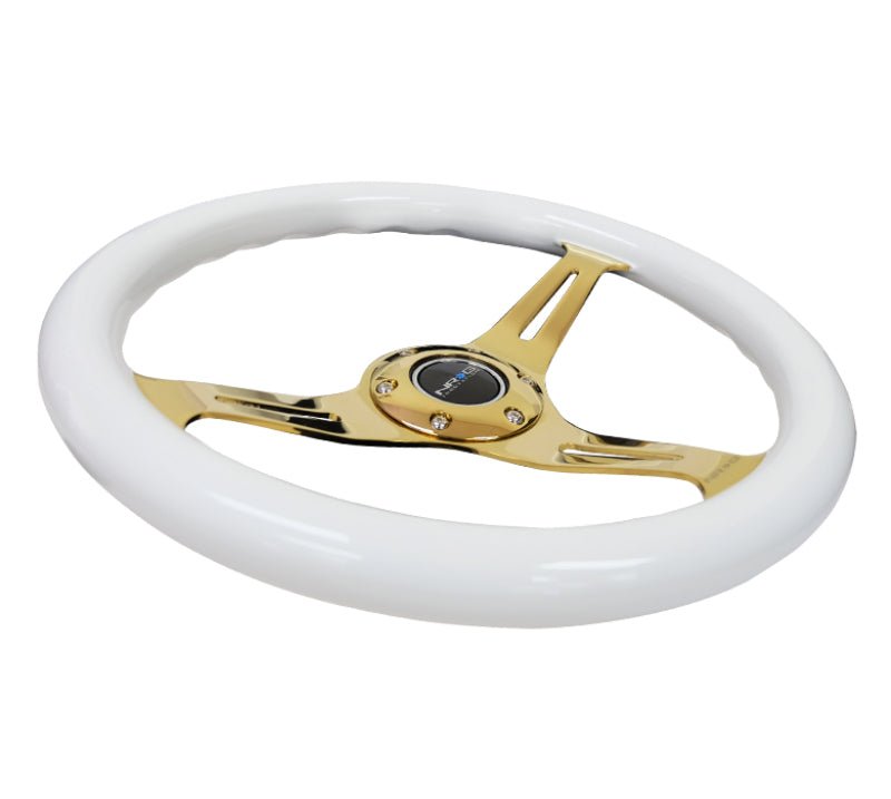 NRG Classic Wood Grain Steering Wheel (350mm) White Grip w/Chrome Gold 3 - Spoke Center - R70オートパーツ【公式】