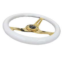 画像をギャラリービューアに読み込む, NRG Classic Wood Grain Steering Wheel (350mm) White Grip w/Chrome Gold 3 - Spoke Center - R70オートパーツ【公式】