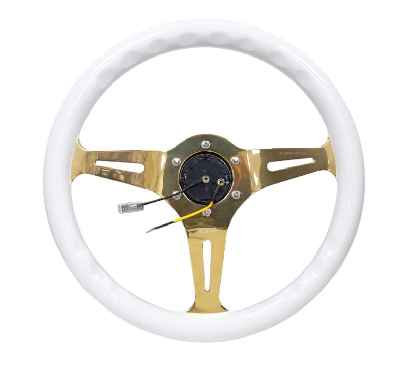 NRG Classic Wood Grain Steering Wheel (350mm) White Grip w/Chrome Gold 3 - Spoke Center - R70オートパーツ【公式】
