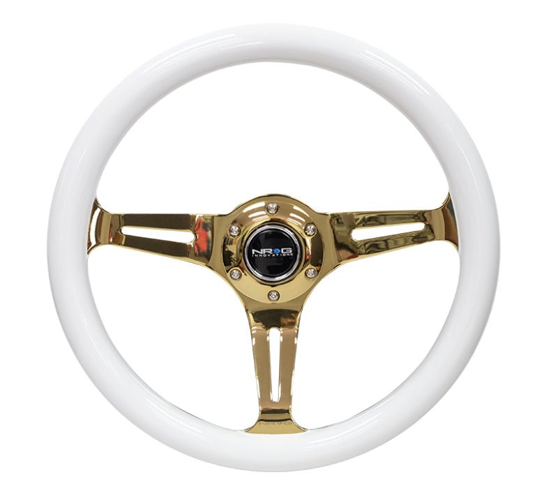 NRG Classic Wood Grain Steering Wheel (350mm) White Grip w/Chrome Gold 3 - Spoke Center - R70オートパーツ【公式】